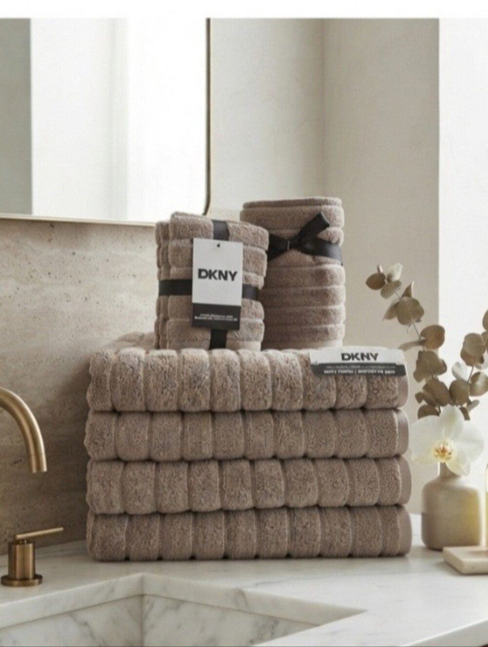 DKNY Luxury Textured Bath Towel Set Neutral taupe/beige New